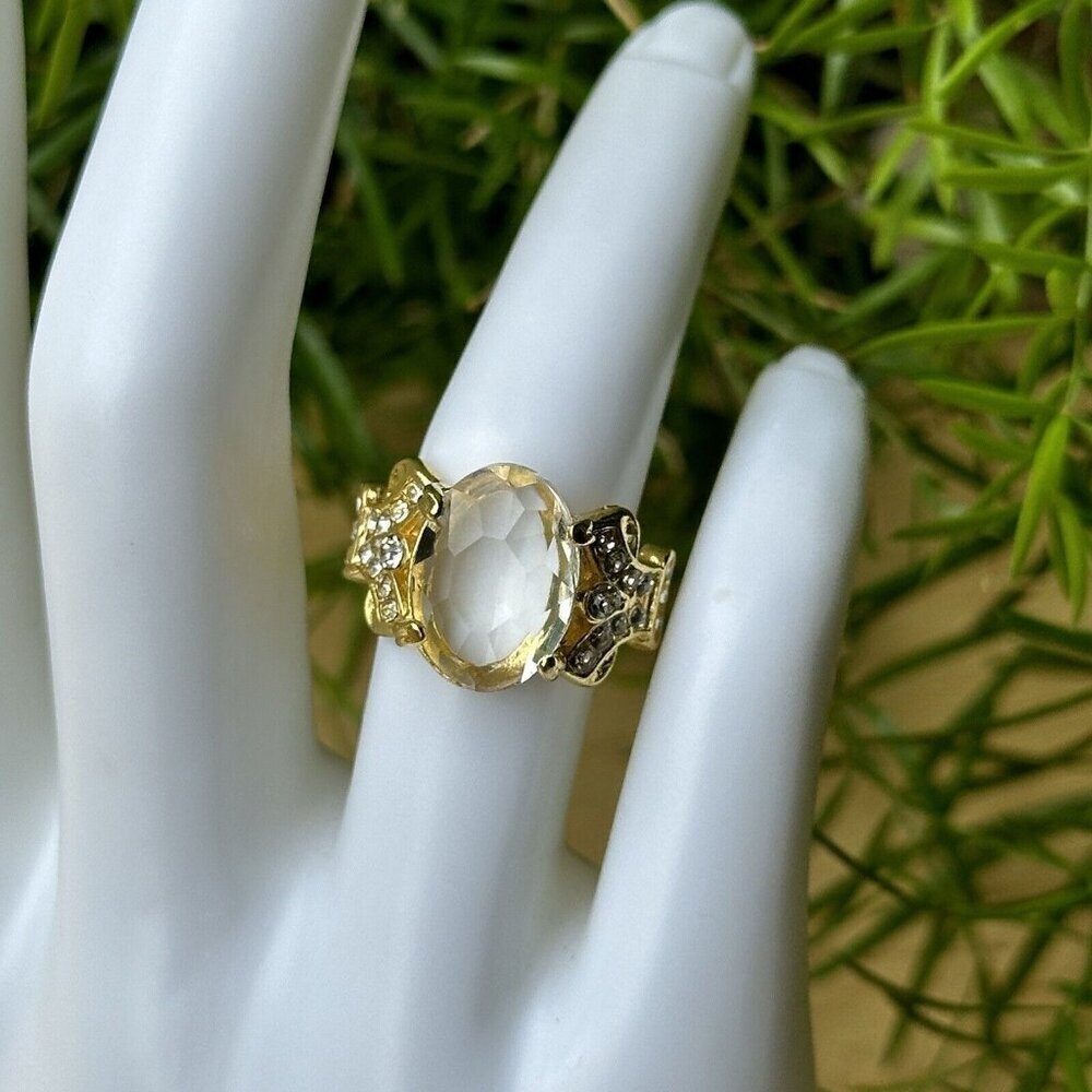 Accent Ring Size 6 Yellow Gold Plated Oval Shaped Clear Glass Quartz CZ Ornate‎